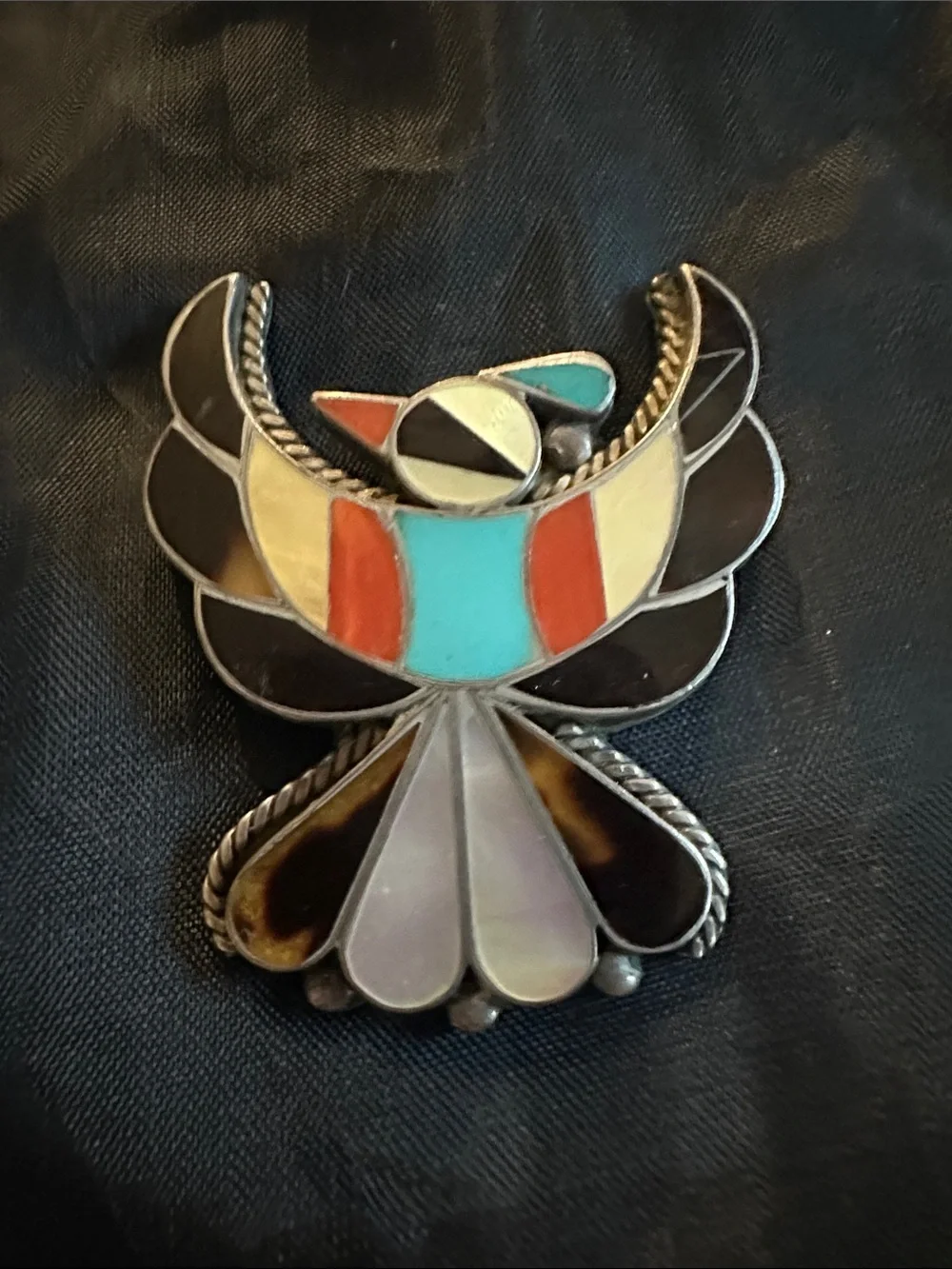 Handmade and Signed Multicolor Inlay Thunderbird Brooch - Women Jewelry